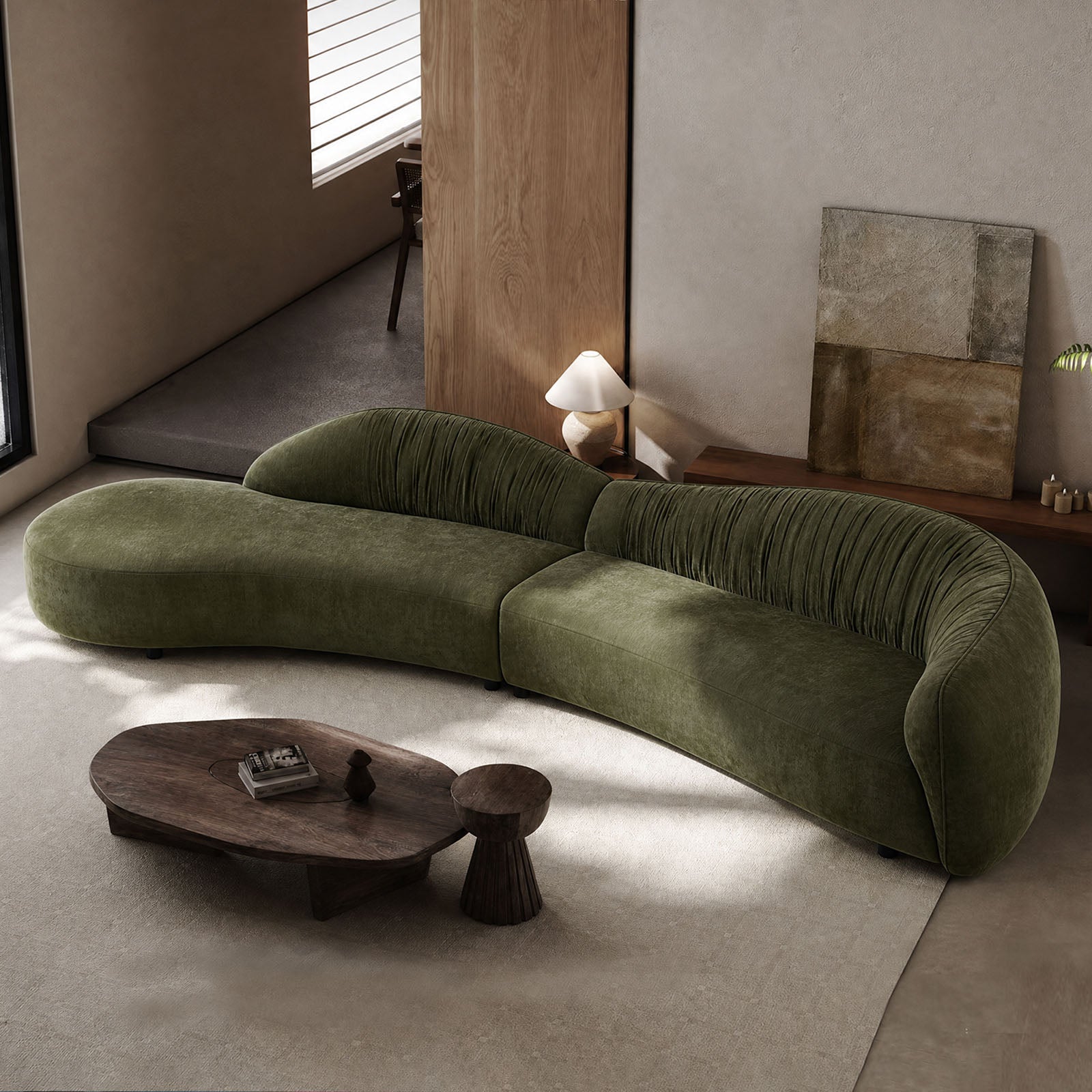 145.67" Mid-Century Modern Sofa | Left-Facing Chaise, Green Upholstered Comfy Couch for Living Room, Bedroom, Apartment, Home Office