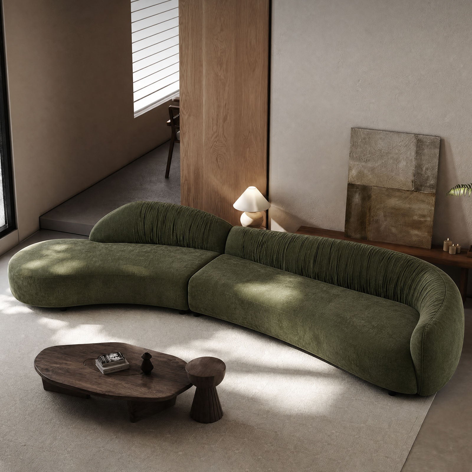 145.67" Mid-Century Modern Sofa | Left-Facing Chaise, Green Upholstered Comfy Couch for Living Room, Bedroom, Apartment, Home Office