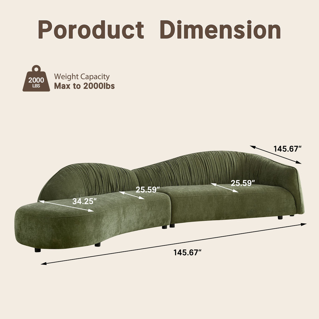 145.67" Mid-Century Modern Sofa | Left-Facing Chaise, Green Upholstered Comfy Couch for Living Room, Bedroom, Apartment, Home Office