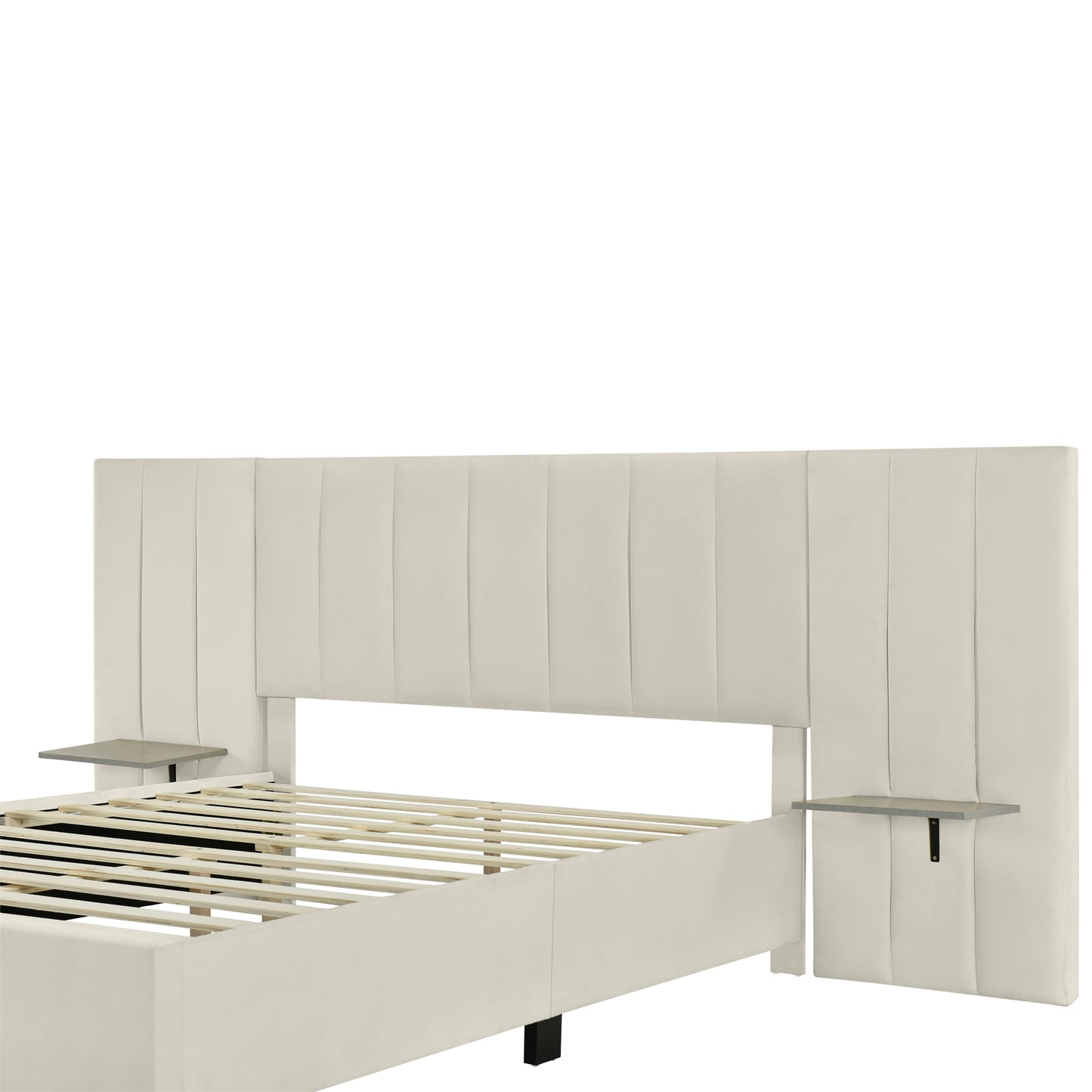 Channel Tufted Wall Mount Bed with Detachable Floating Side Shelves