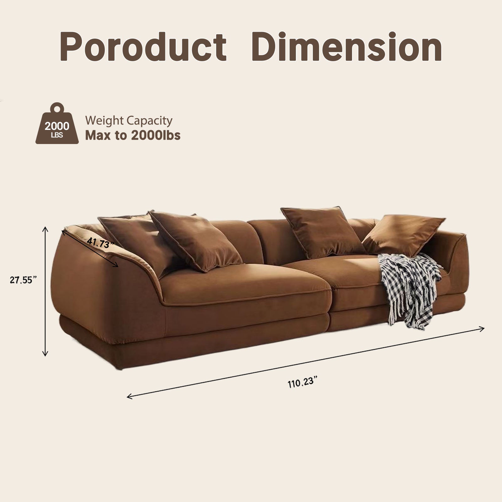 Camel Sectional Sofa – 110" Length, 2000 lbs Capacity | Solid Wood Frame, High Rebound Sponge, Removable Washable Flannel | Nordic Modern Style