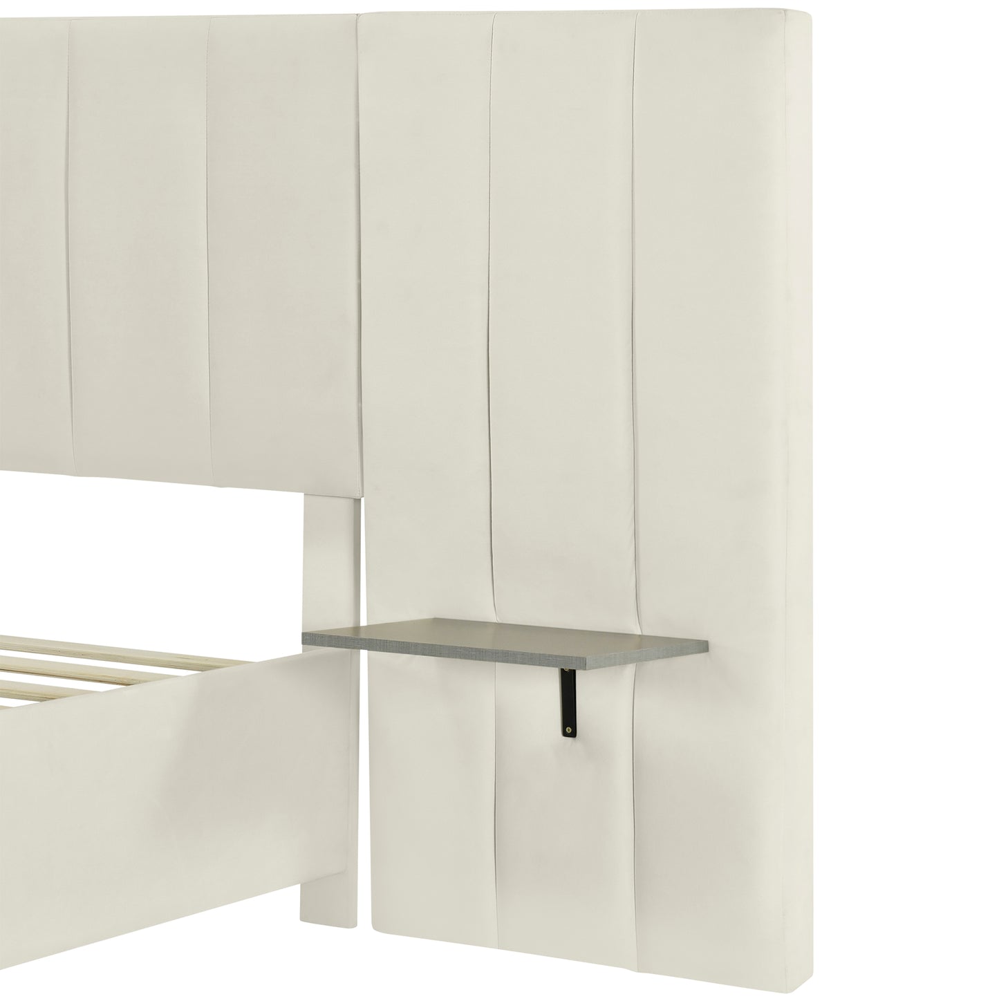 Channel Tufted Wall Mount Bed with Detachable Floating Side Shelves