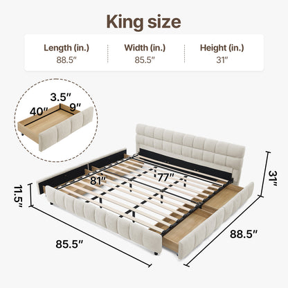 Queen Size Modern Cloud-Feel Bed Frame,With four drawers,Multi Color Beige/Green/Grey/Pink