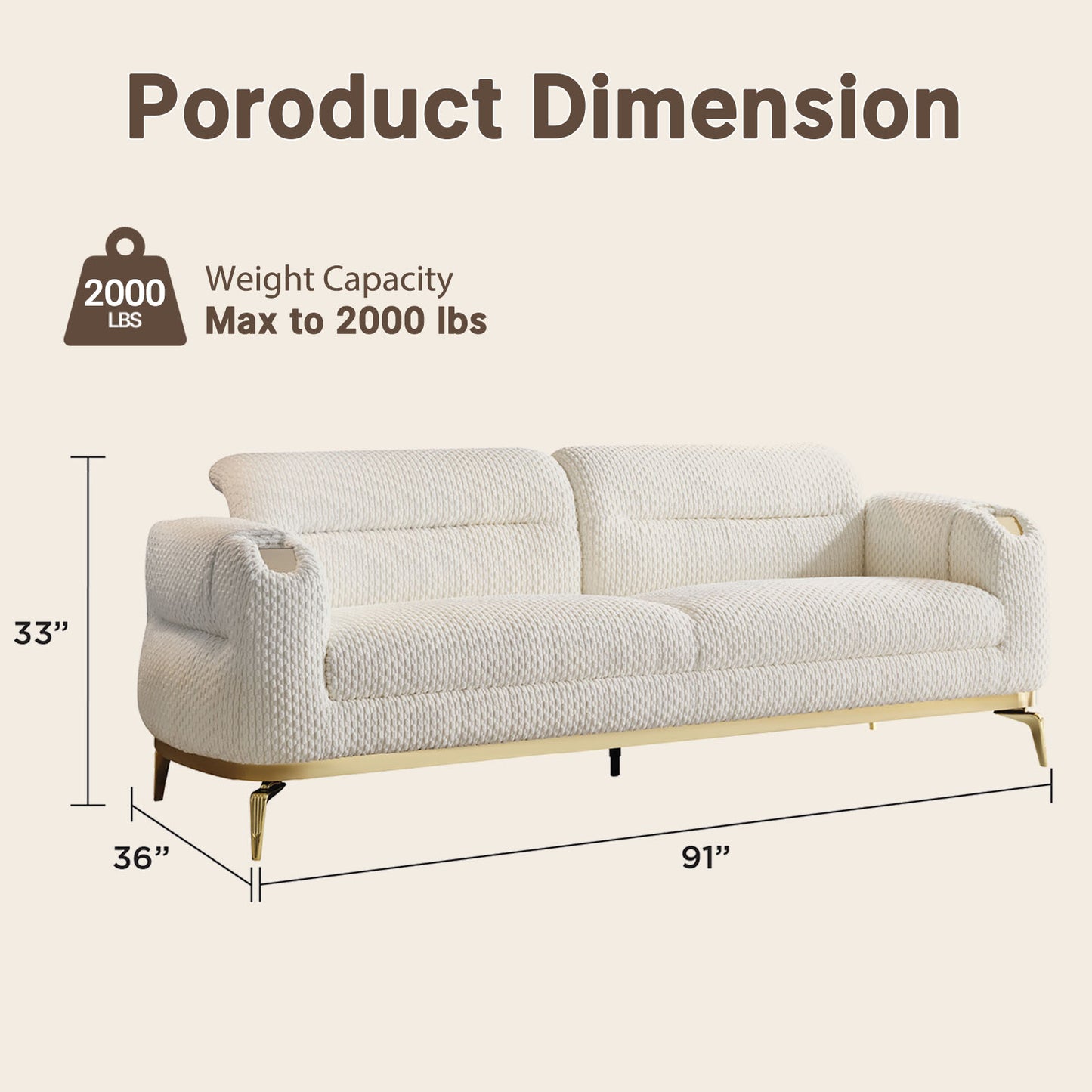 91-inch white textured 3-seater modular sofa, boucle fabric with two cushions, metal and wood frame, capable of supporting 2000 pounds, modern and luxurious living room apartment sofa