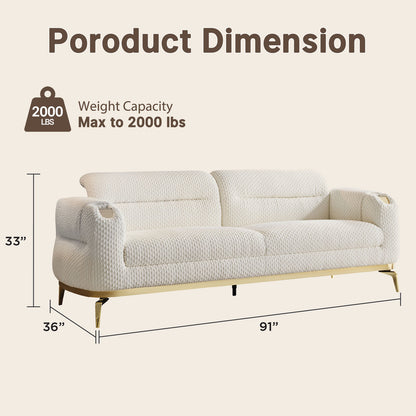 91-inch white textured 3-seater modular sofa, boucle fabric with two cushions, metal and wood frame, capable of supporting 2000 pounds, modern and luxurious living room apartment sofa