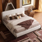 Queen Size Boucle Cloud-Feel Bed Frame, White Upholstered Platform Bed with Soft Headboard, Solid Wood Legs, No Box Spring Required, Easy Assembly