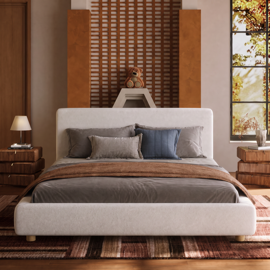 Off-White Fabric Bed Frame Wide Headboard Wood Slats Modern Villa Rounded Edges