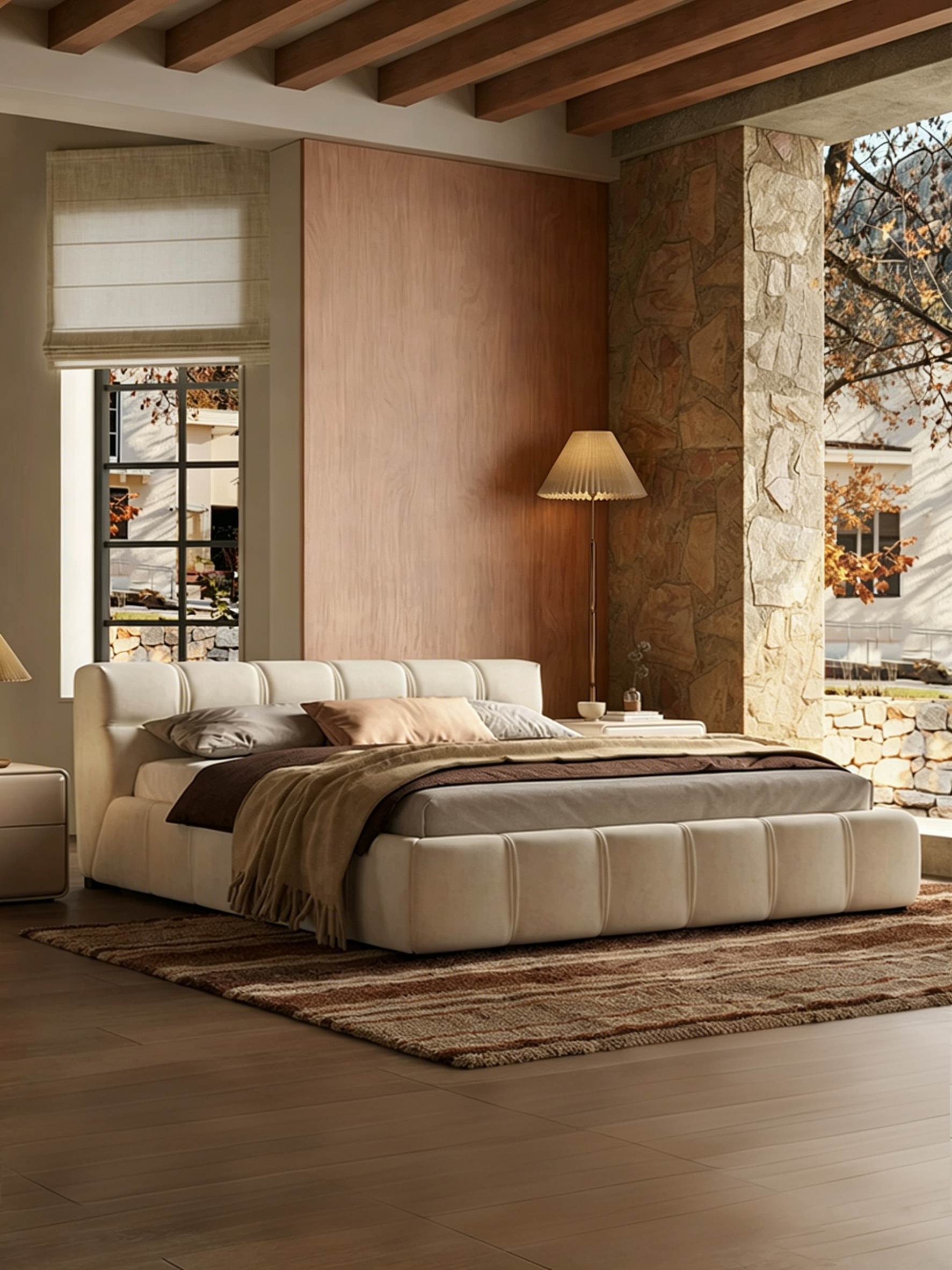 Queen Size Upholstered Bed Frame, Mid-Century Modern Cloud-Feel Bed, Soft Fabric Tufted Bed Frame, Minimalist Low Profile Platform Bed for Bedroom, No Box Spring Required, Beige