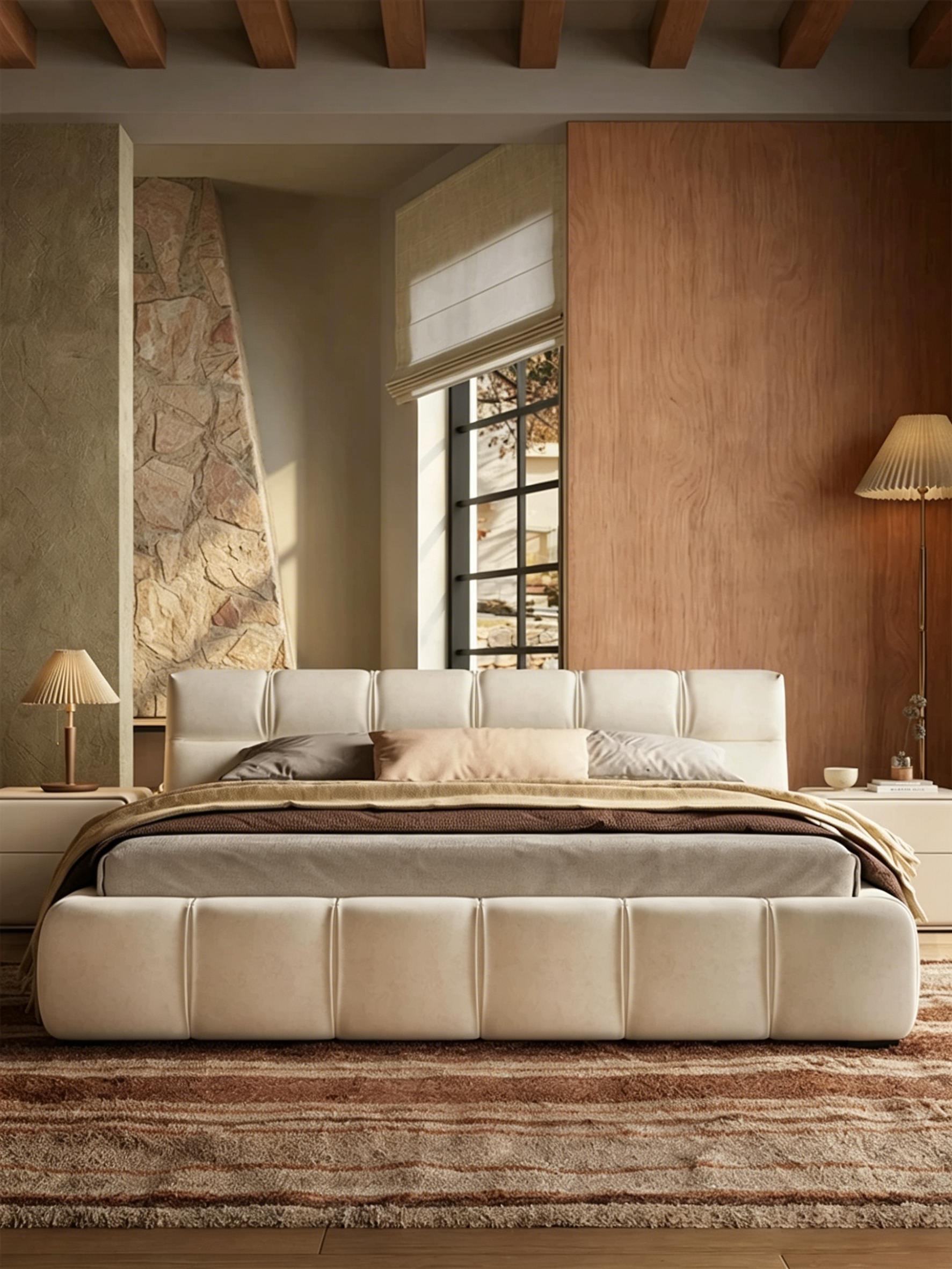 Queen Size Upholstered Bed Frame, Mid-Century Modern Cloud-Feel Bed, Soft Fabric Tufted Bed Frame, Minimalist Low Profile Platform Bed for Bedroom, No Box Spring Required, Beige