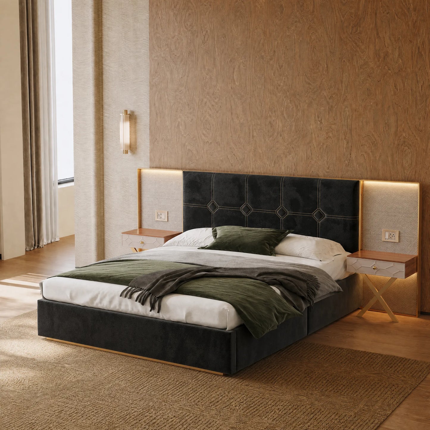 Wide Floor Upholstered Velvet Bed with Side LED Ambient Lighting