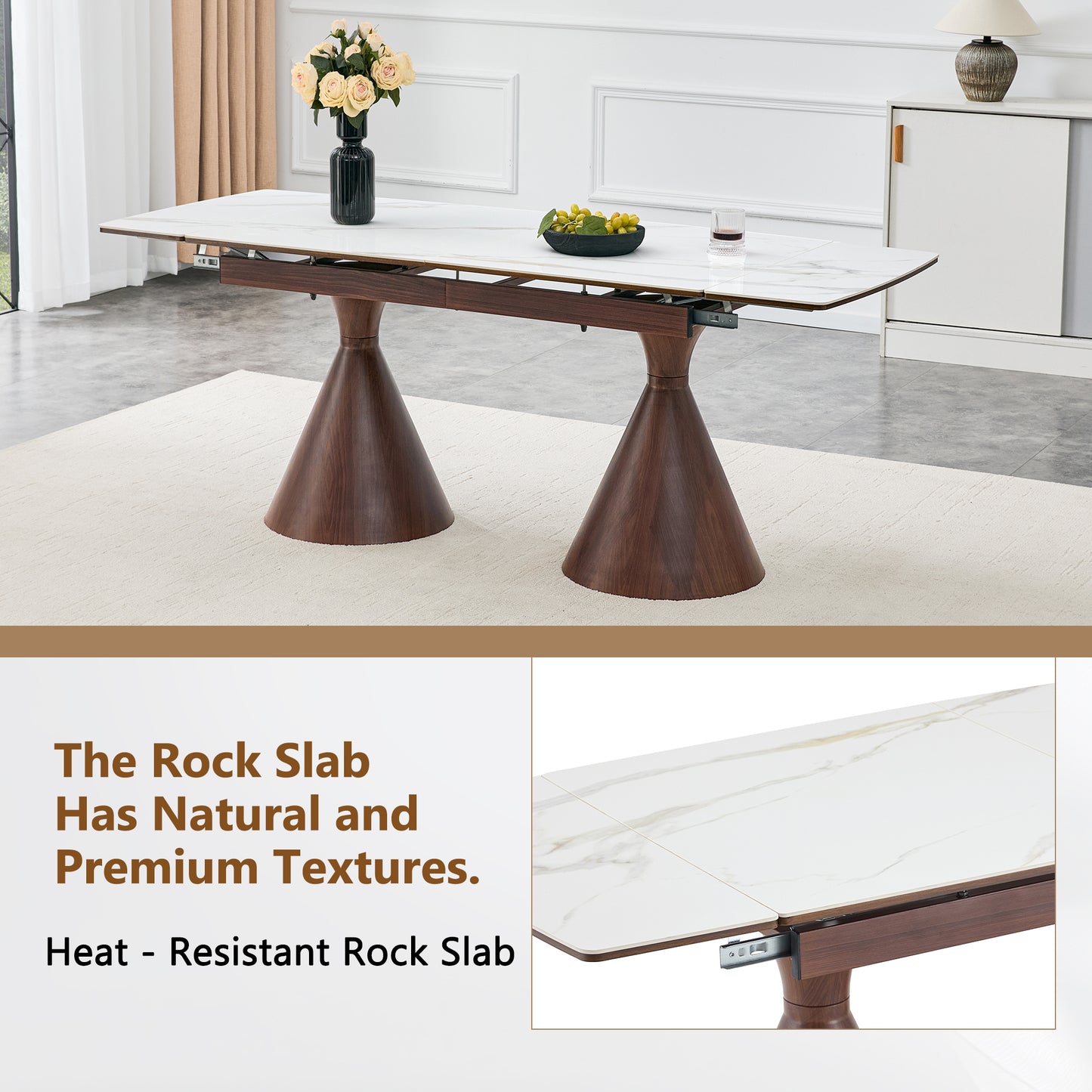 Extendable Stone-Top Dining Table: White marble-patterned tabletop with tapered metal legs