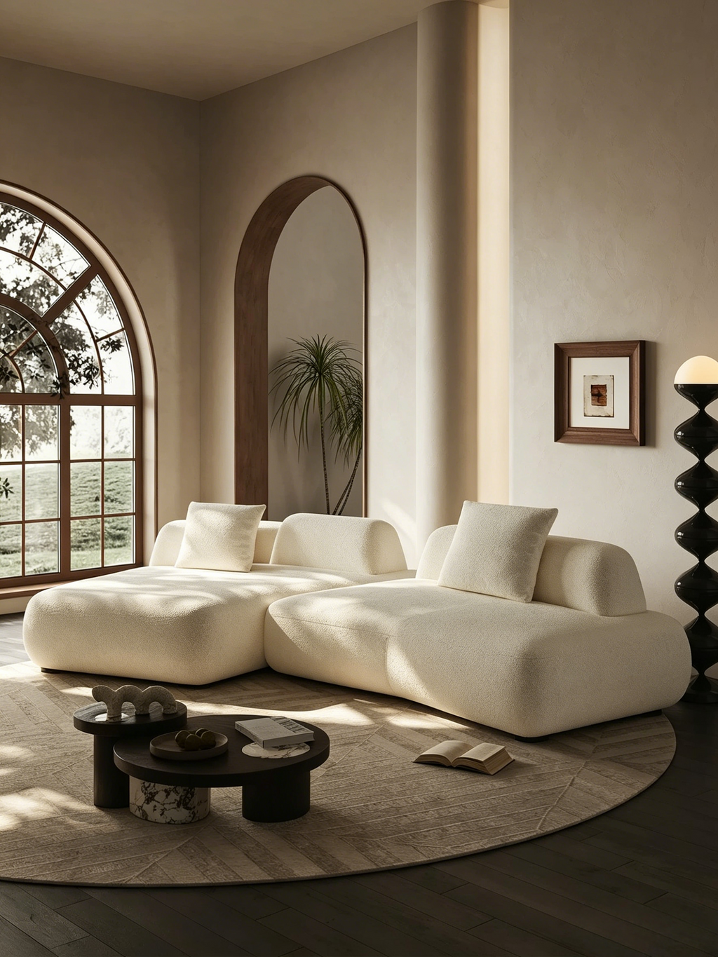 128" Curved Sectional Sofa for Living Room, 4-Seater Modular Linen Couch, Modern Minimalist Curved Sofa, Beige