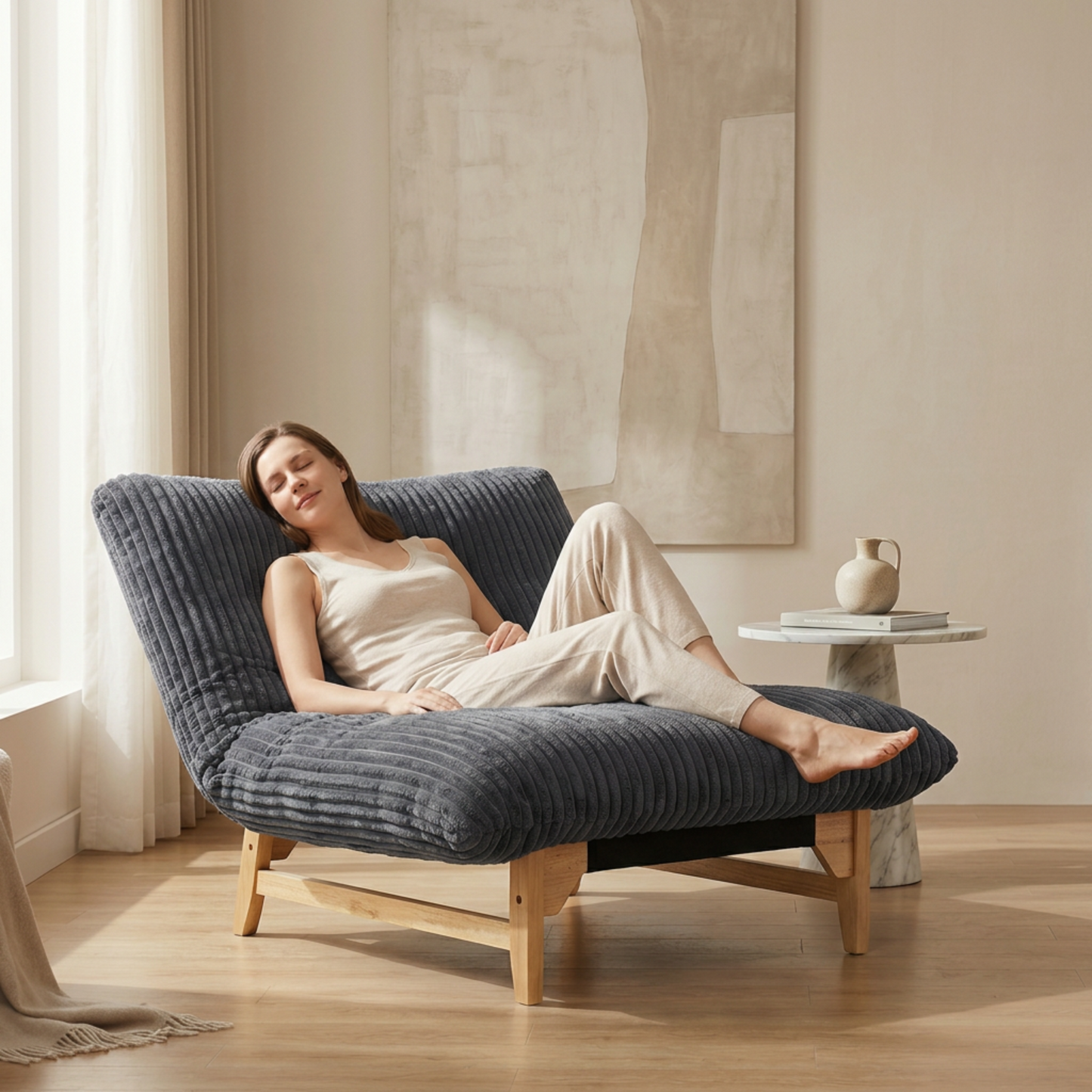 Oversized Corduroy Chaise Lounge with Solid Wood Base (Fixed Style) | 43.3″×57″ Daybed Chair for Balcony & Bedroom