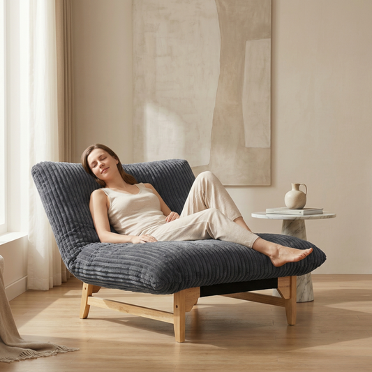 Oversized Corduroy Chaise Lounge with Solid Wood Base (Fixed Style) | 43.3″×57″ Daybed Chair for Balcony & Bedroom