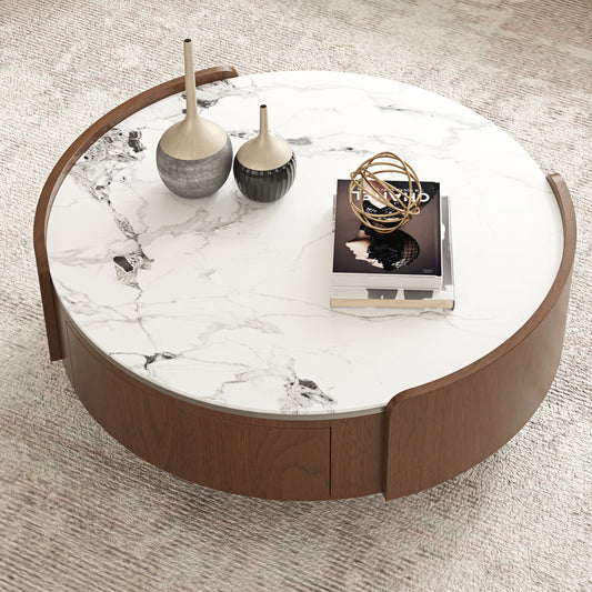 Walnut & Stone Round Coffee Table｜35.43" 2-Sided Curved Drawers