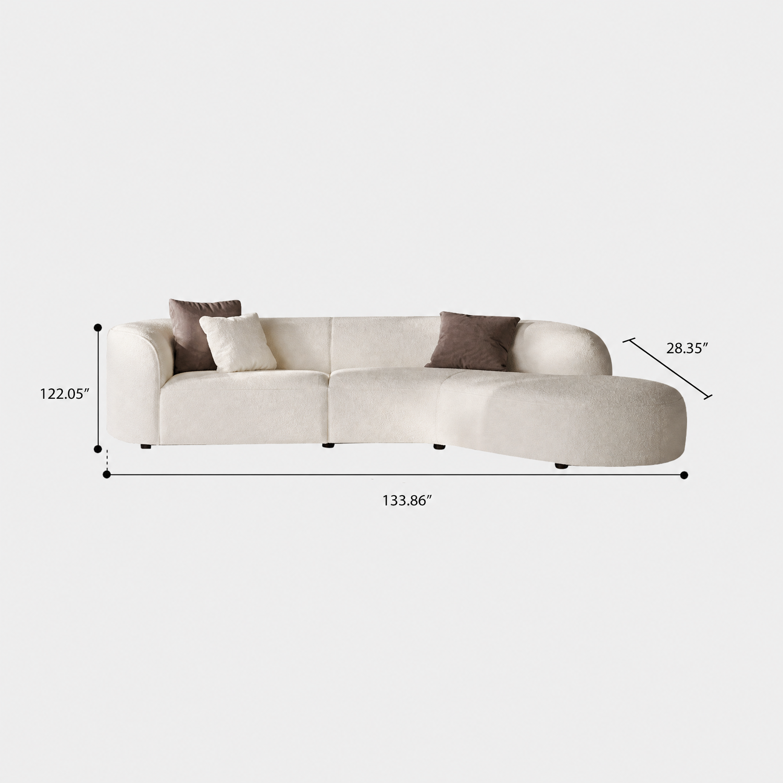 Modern Curved Living Room Couch, Minimalist Comfy Boucle Fabric Sofa for Apartment, Home Office, 122" W Left Hand Facing