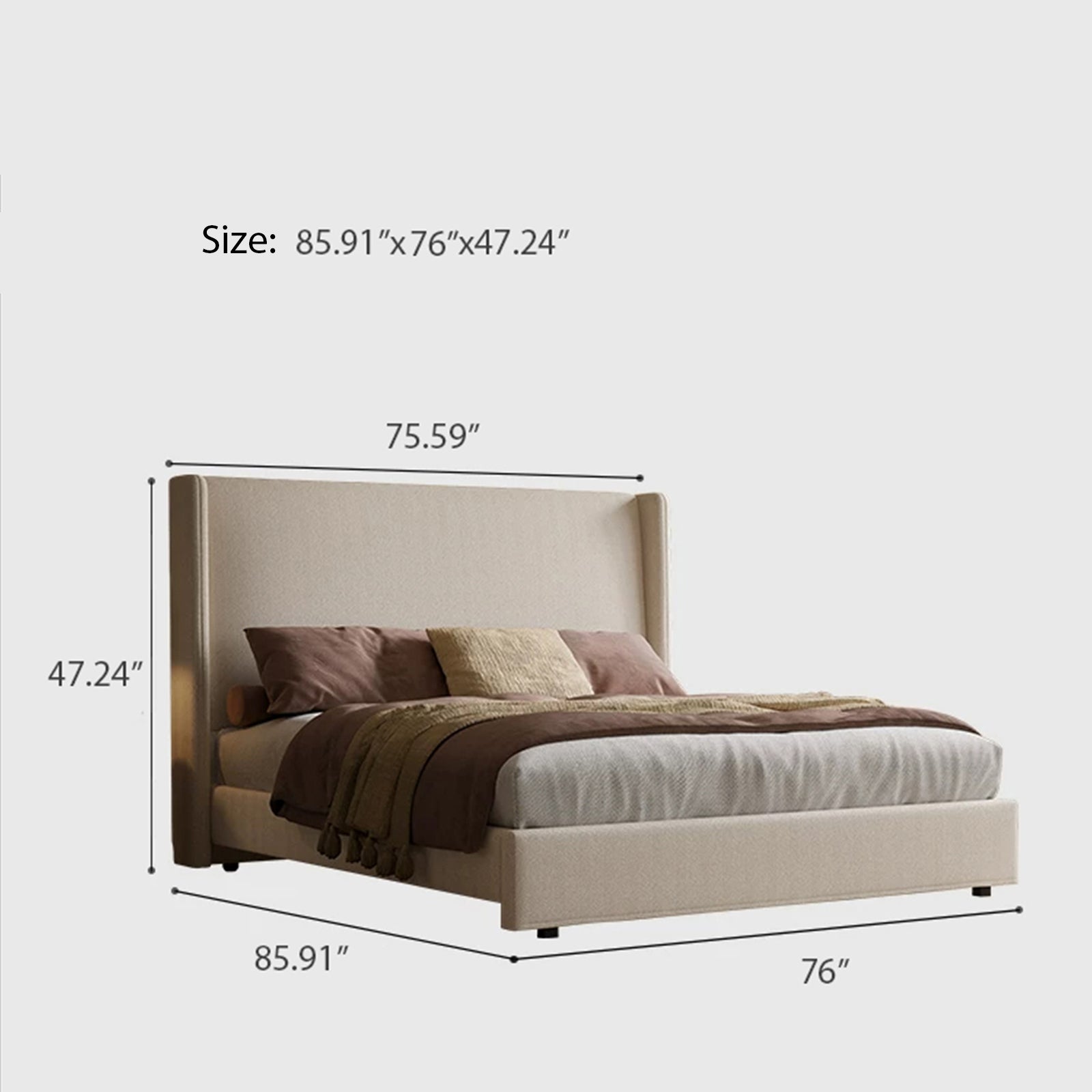 Queen Size Bed Frame with 47.24'' Extra Tall Wingback Headboard, Low Profile Grounded Upholstered Platform Bed Frame, Squeak-Free, Easy Assembly, No Box Spring Needed, Beige