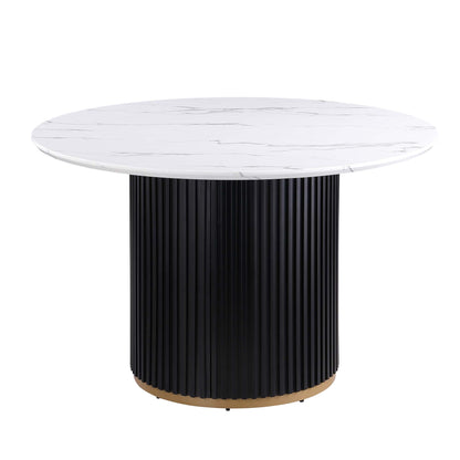 46 Inch Round Faux Marble Dining Table, Black Wave Metal Base with Gold Decoration - Accommodates 4 People for Kitchen & Dining Room