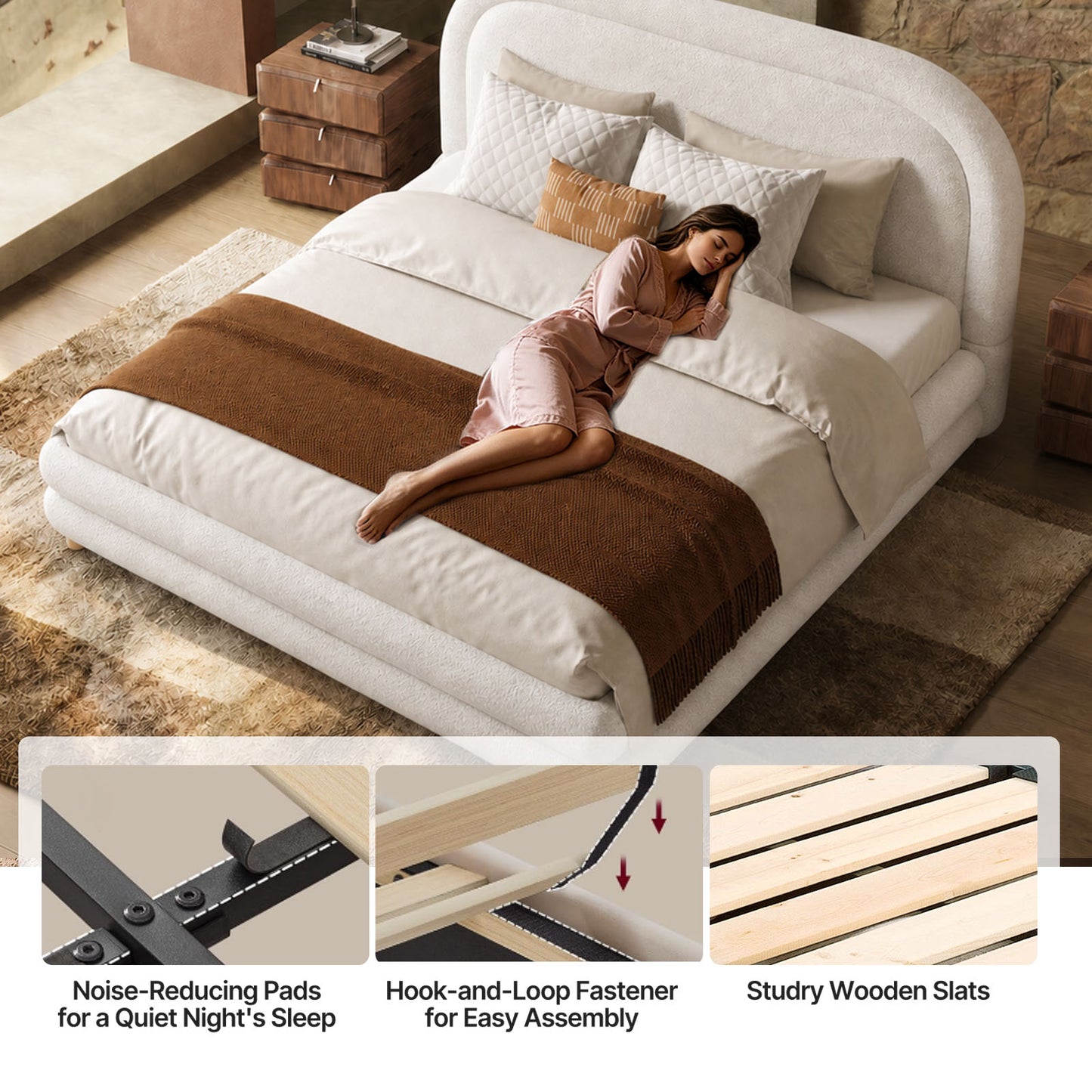 Neutral Minimal Curved Arch Dome Cloud Boucle Queen Bed Frame