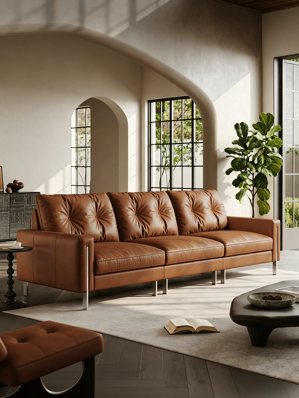 Faux Leather Sofa 110.24" for Three, Simple and Fashionable Design, Solid Wood Frame with Metal Legs, for Modern Living Room, Bedroom, Office, Brown