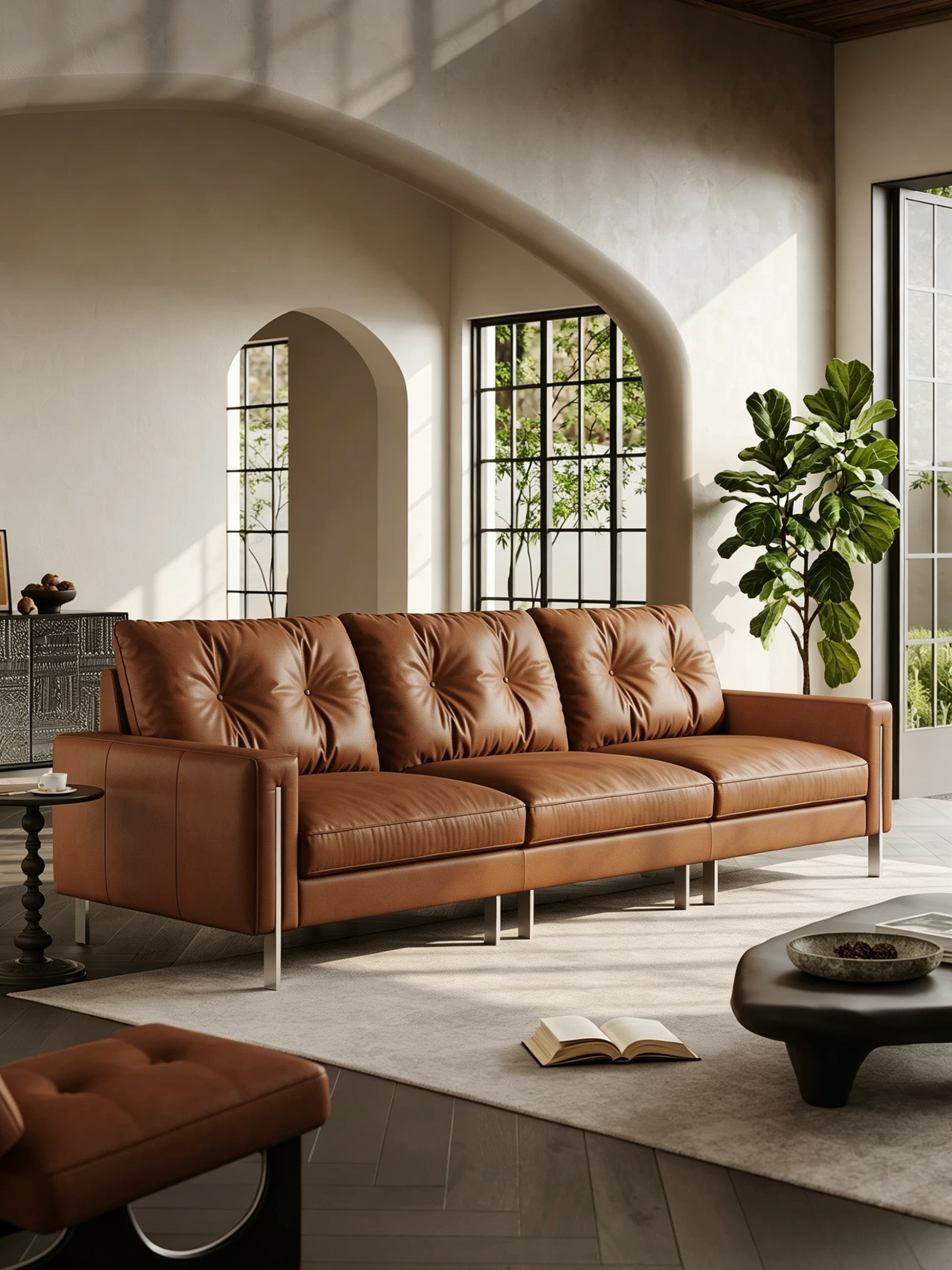 Faux Leather Sofa 110.24" for Three, Simple and Fashionable Design, Solid Wood Frame with Metal Legs, for Modern Living Room, Bedroom, Office, Brown
