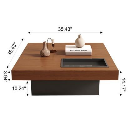 Square Low Coffee Table｜35.43" Hidden Tray, Scratchproof Wood Grain