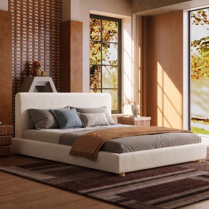 Off-White Fabric Bed Frame Wide Headboard Wood Slats Modern Villa Rounded Edges