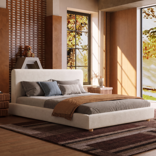 Off-White Fabric Bed Frame Wide Headboard Wood Slats Modern Villa Rounded Edges