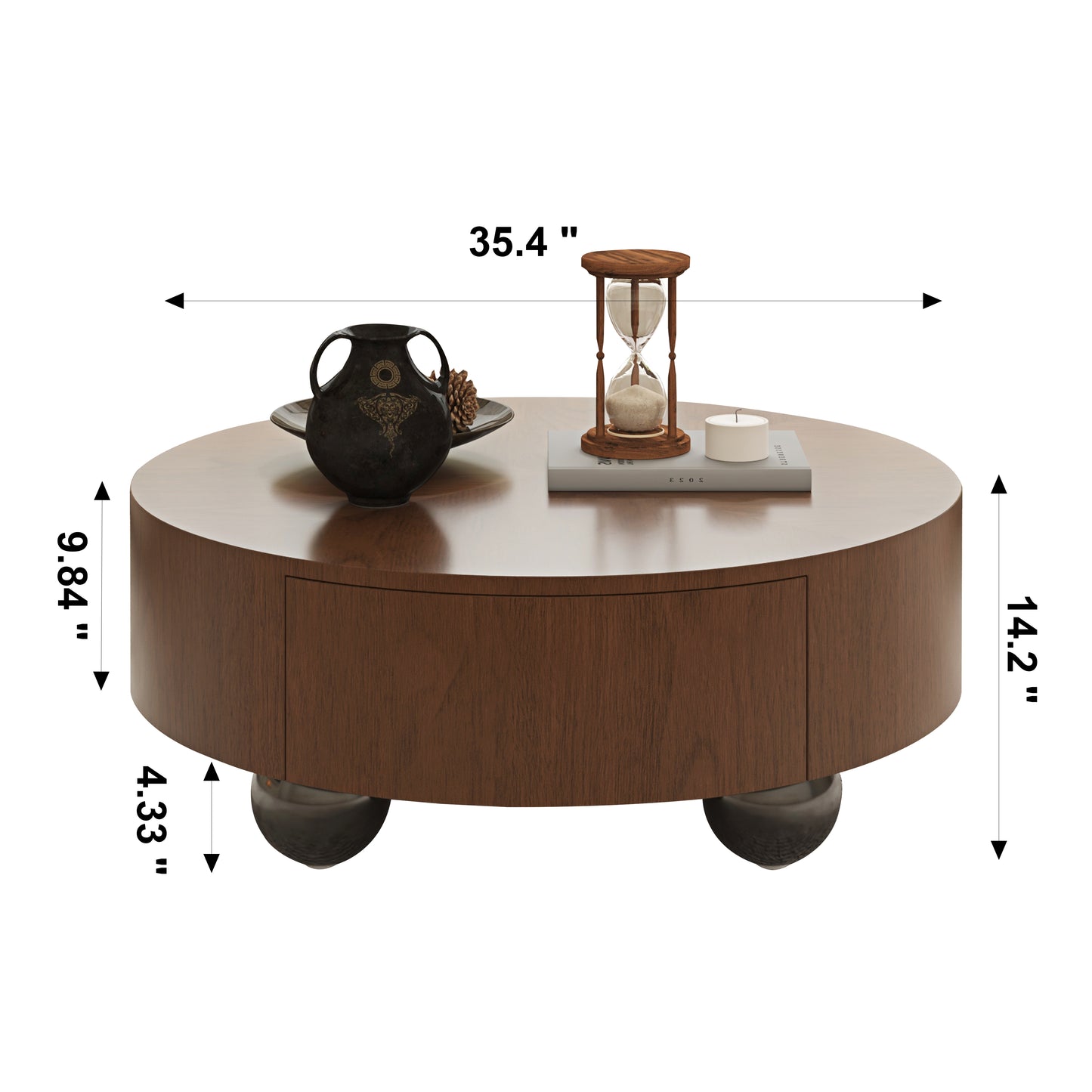 Walnut Coffee Table with Drawers | 35.4" Dual Silent Drawers