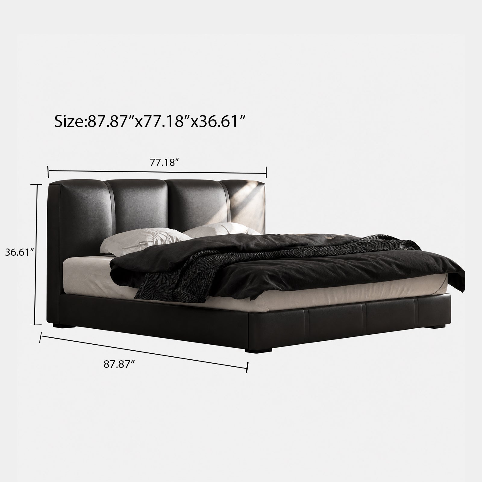 Queen Size Contemporary Faux Leather Upholstered Bed Frame, Luxury Black Platform Bed with Curved Soft Headboard, Heavy Duty Mattress Foundation, No Box Spring Required, Noise-Free Bedroom Furniture