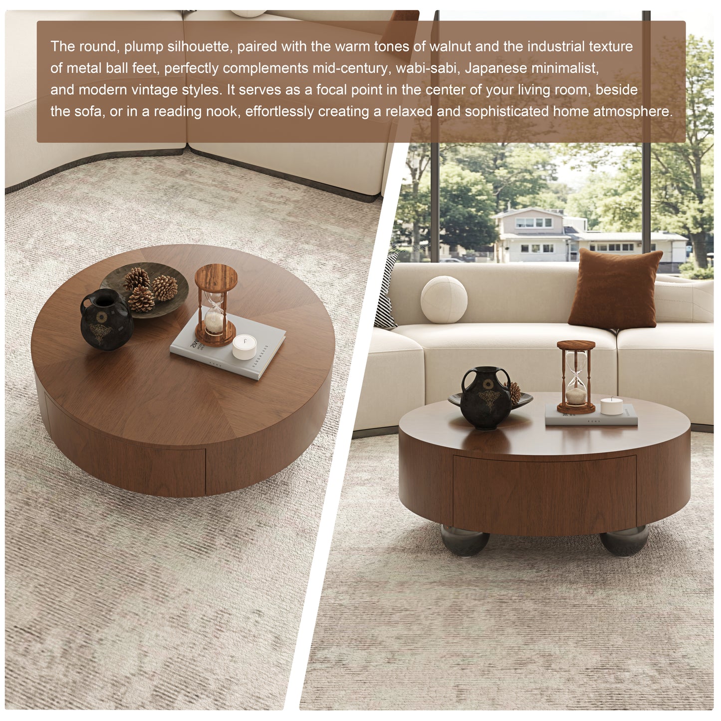 Walnut Coffee Table with Drawers | 35.4" Dual Silent Drawers