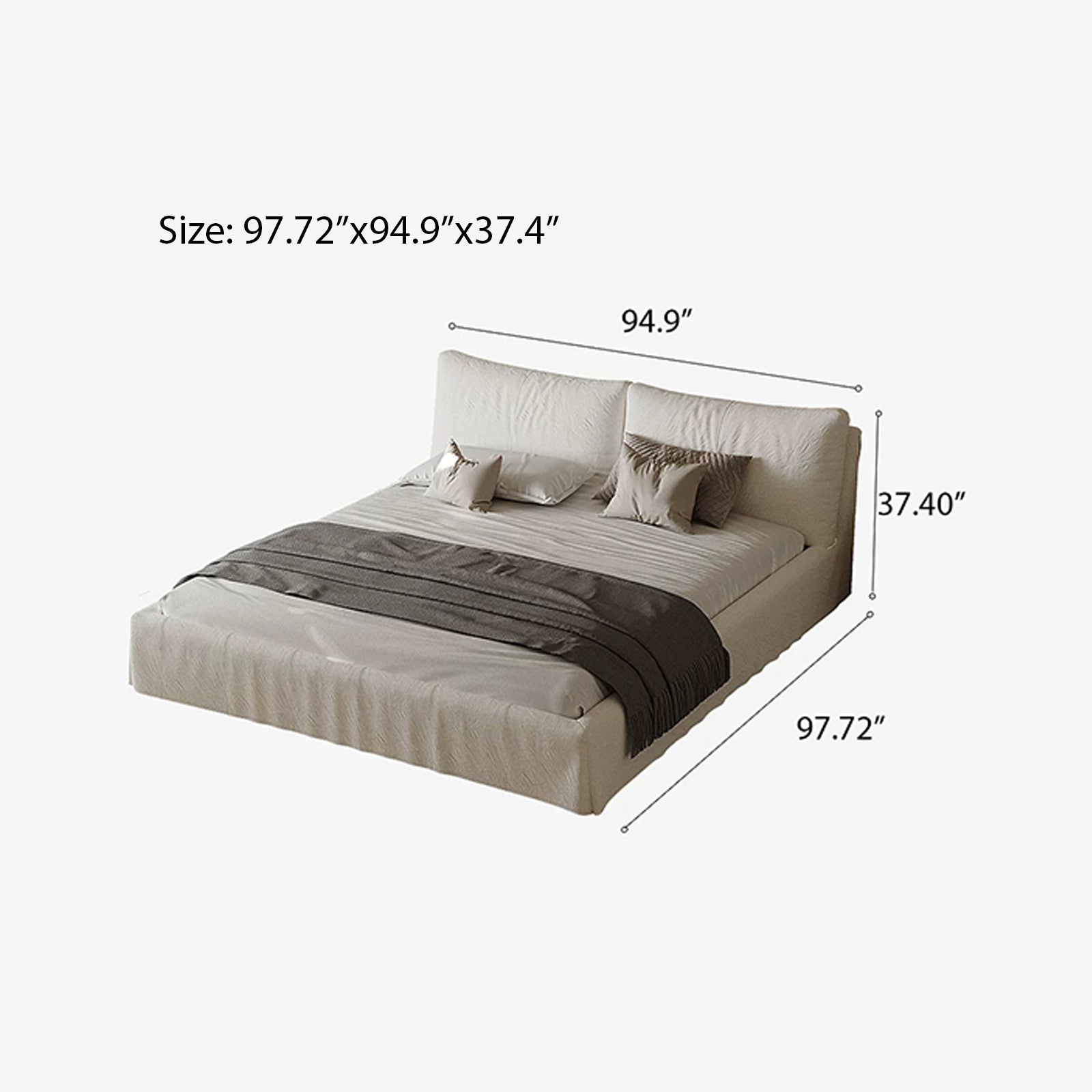 Queen Size Linen Bed Frame, Upholstered Platform Bed with Thick Removable Headboard & Rounded Corners, No Box Spring Needed, Easy Assembly, White