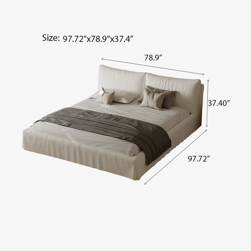 Queen Size Linen Bed Frame, Upholstered Platform Bed with Thick Removable Headboard & Rounded Corners, No Box Spring Needed, Easy Assembly, White