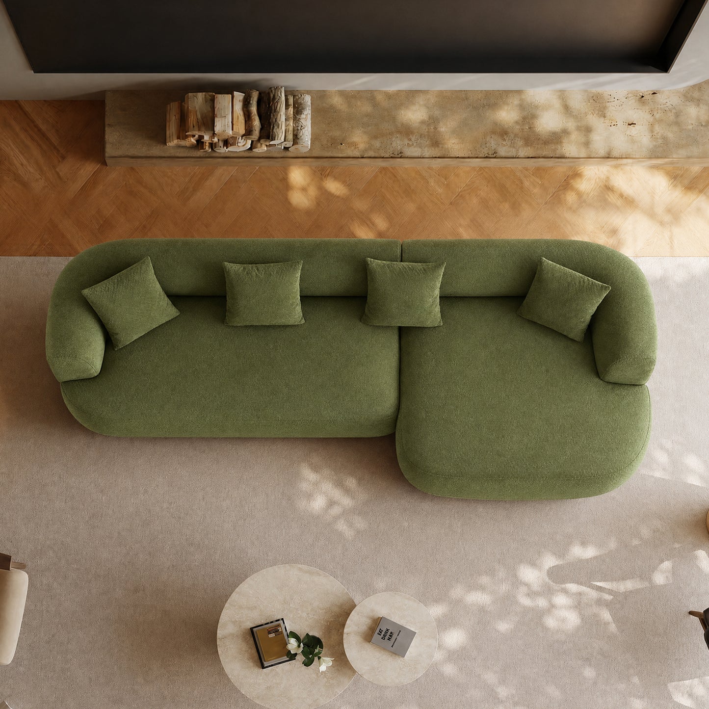 Olive green 110-inch curved modular sofa - asymmetrical partitioned deep seat sofa, with a wooden frame capable of supporting 2000 pounds, 4 cushions, and easy tool-free assembly