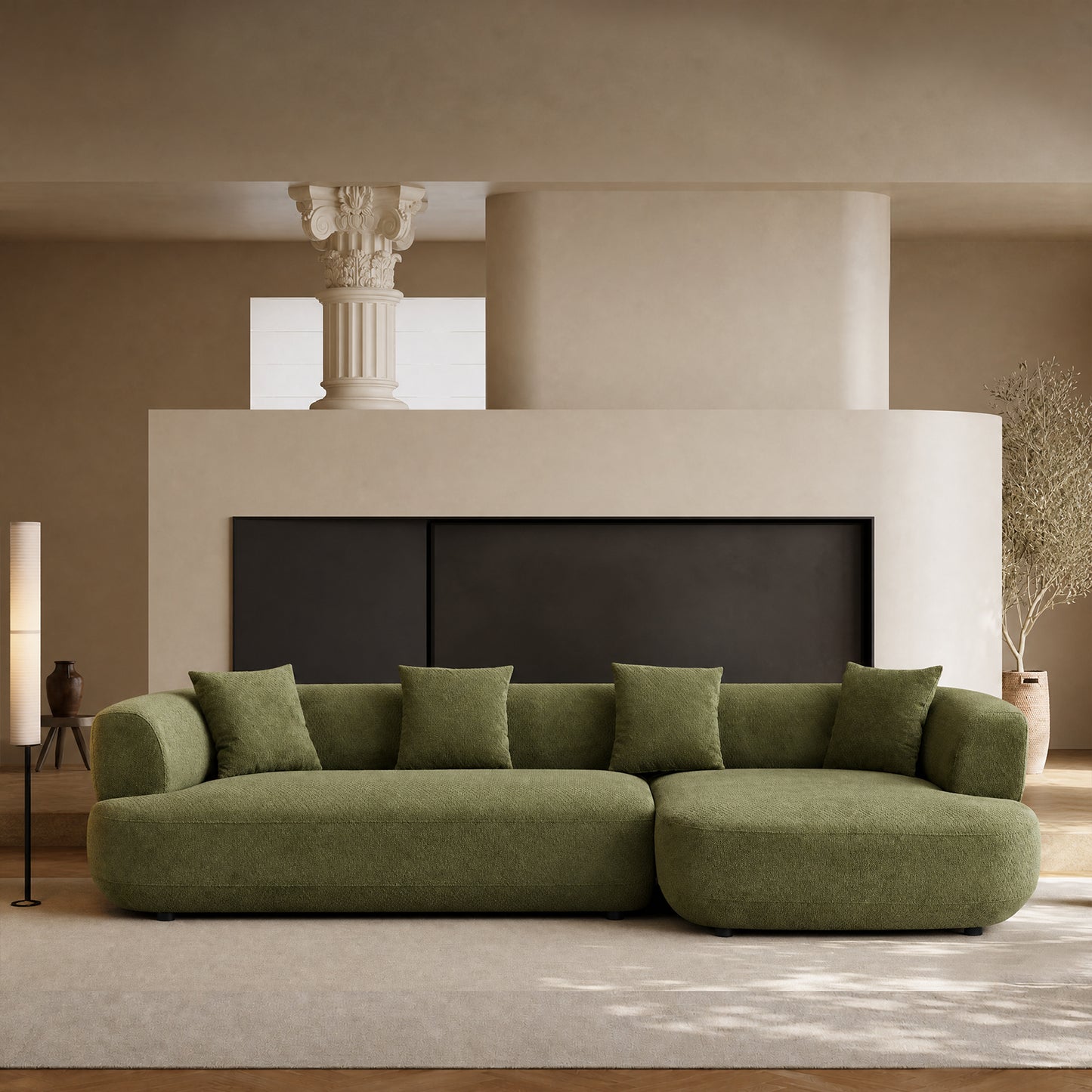 Olive green 110-inch curved modular sofa - asymmetrical partitioned deep seat sofa, with a wooden frame capable of supporting 2000 pounds, 4 cushions, and easy tool-free assembly