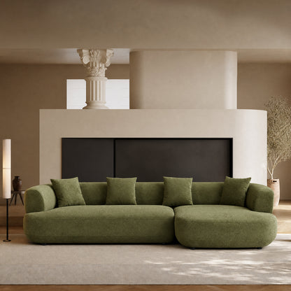 Olive green 110-inch curved modular sofa - asymmetrical partitioned deep seat sofa, with a wooden frame capable of supporting 2000 pounds, 4 cushions, and easy tool-free assembly