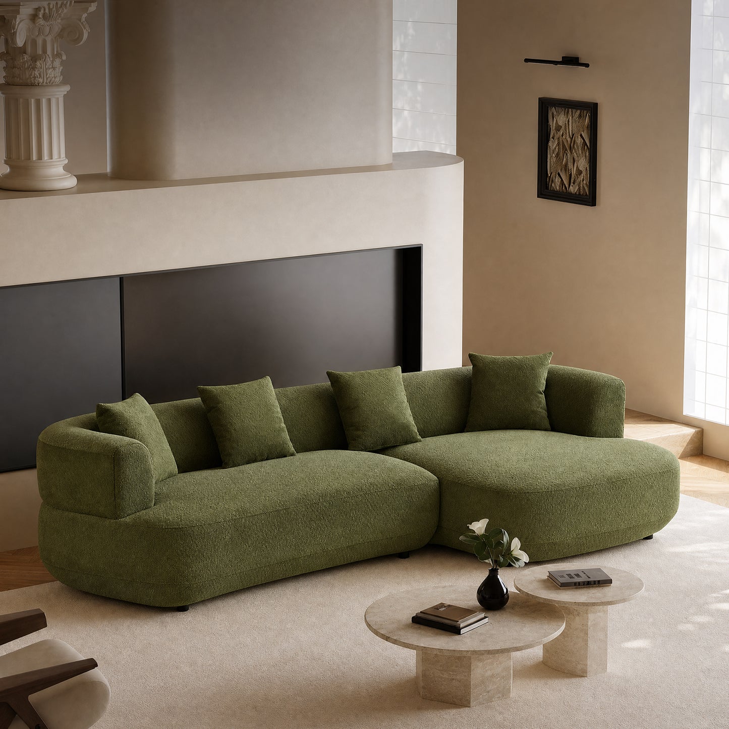 Olive green 110-inch curved modular sofa - asymmetrical partitioned deep seat sofa, with a wooden frame capable of supporting 2000 pounds, 4 cushions, and easy tool-free assembly