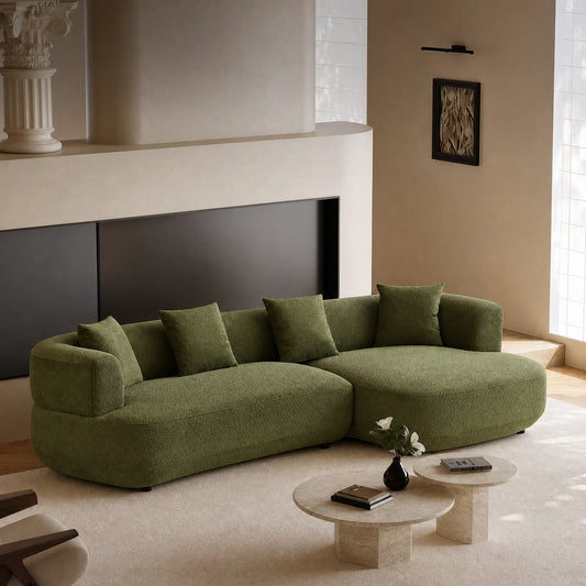 Olive green 110-inch curved modular sofa - asymmetrical partitioned deep seat sofa, with a wooden frame capable of supporting 2000 pounds, 4 cushions, and easy tool-free assembly