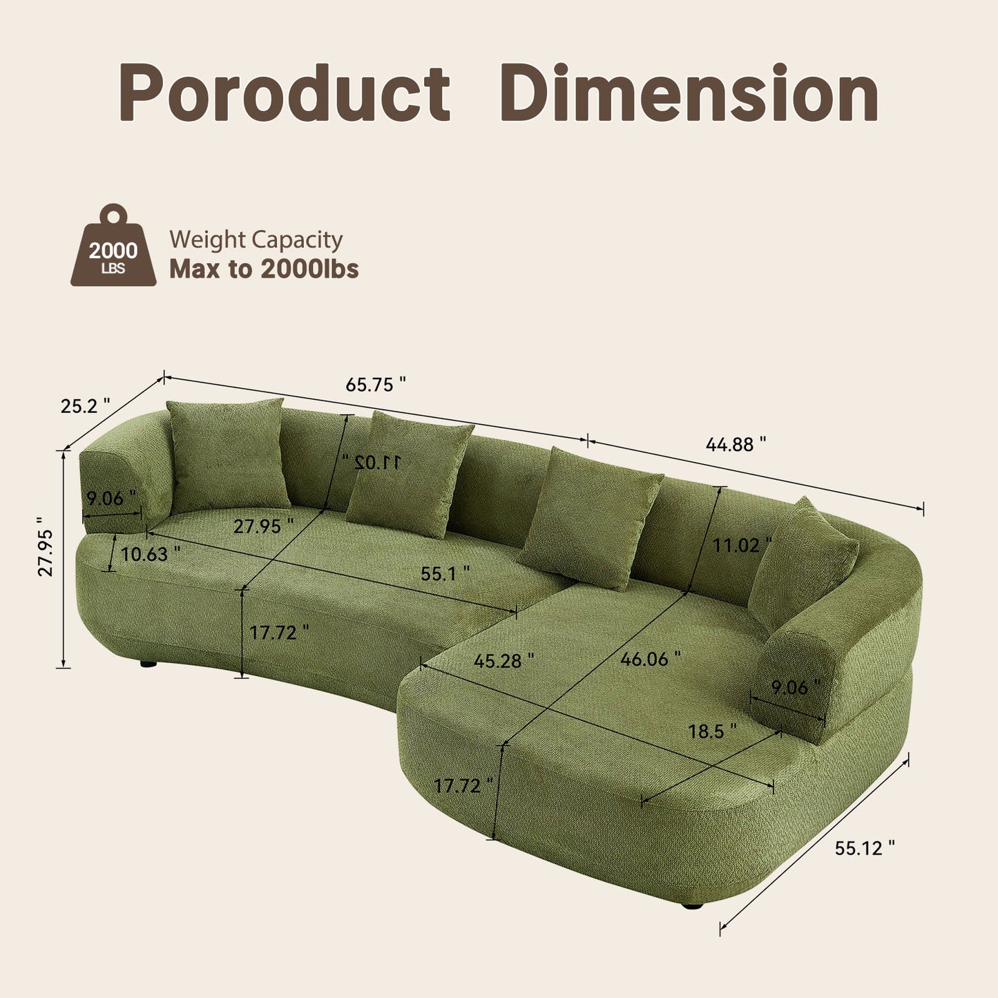 Olive green 110-inch curved modular sofa - asymmetrical partitioned deep seat sofa, with a wooden frame capable of supporting 2000 pounds, 4 cushions, and easy tool-free assembly