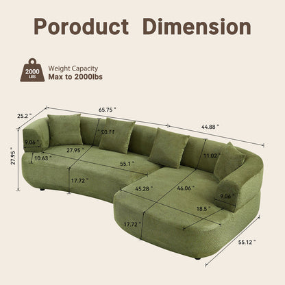 Olive green 110-inch curved modular sofa - asymmetrical partitioned deep seat sofa, with a wooden frame capable of supporting 2000 pounds, 4 cushions, and easy tool-free assembly