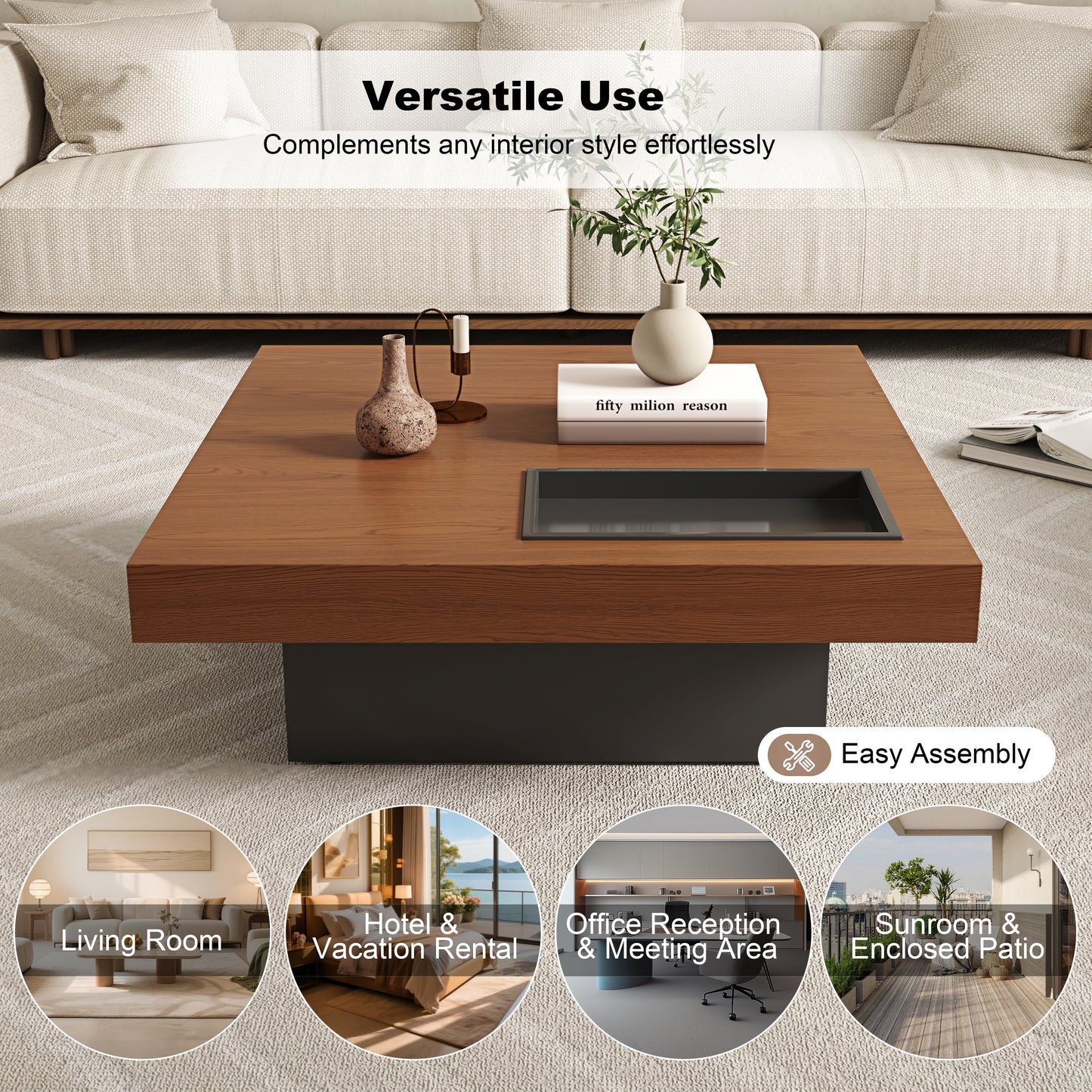 Square Low Coffee Table｜35.43" Hidden Tray, Scratchproof Wood Grain