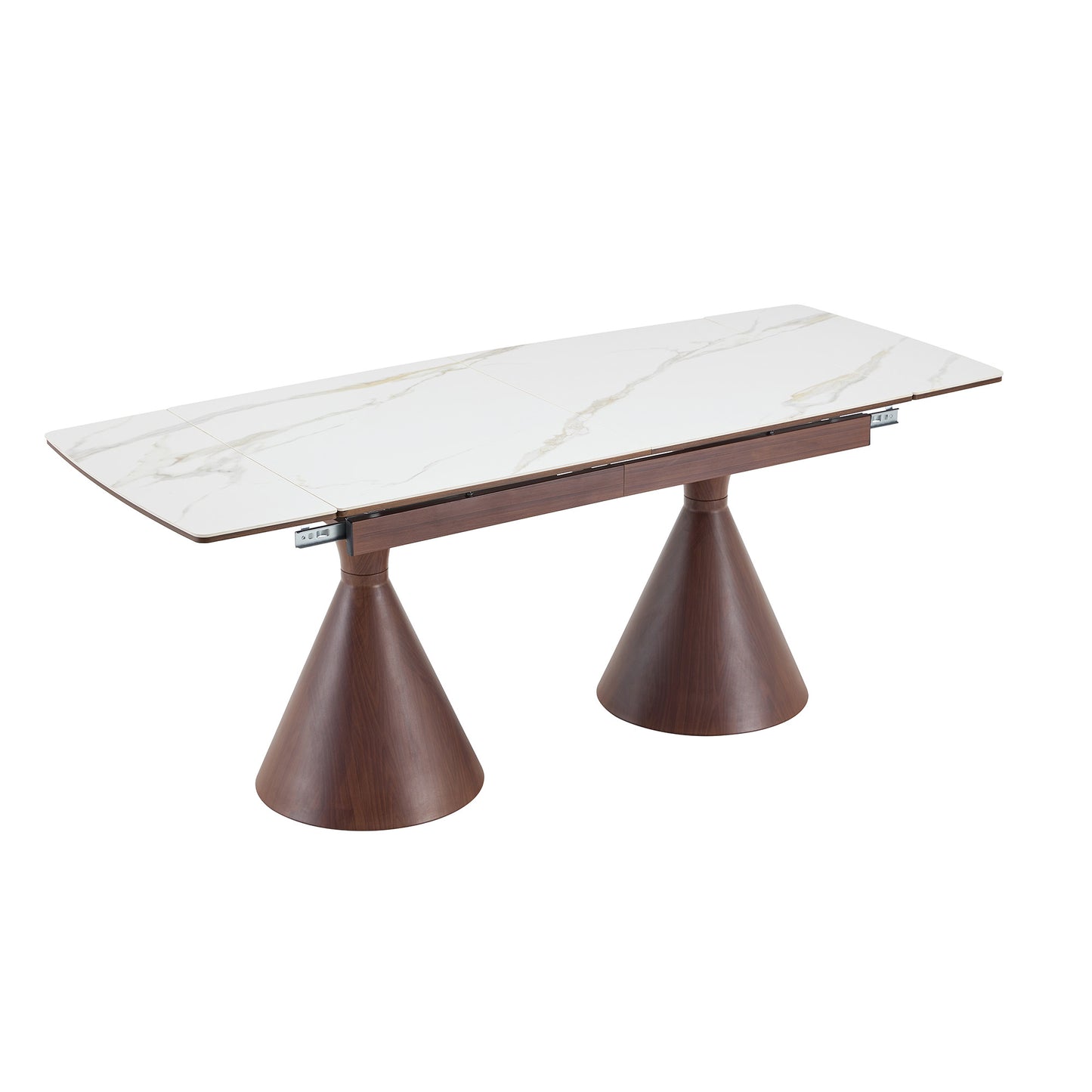 Extendable Stone-Top Dining Table: White marble-patterned tabletop with tapered metal legs