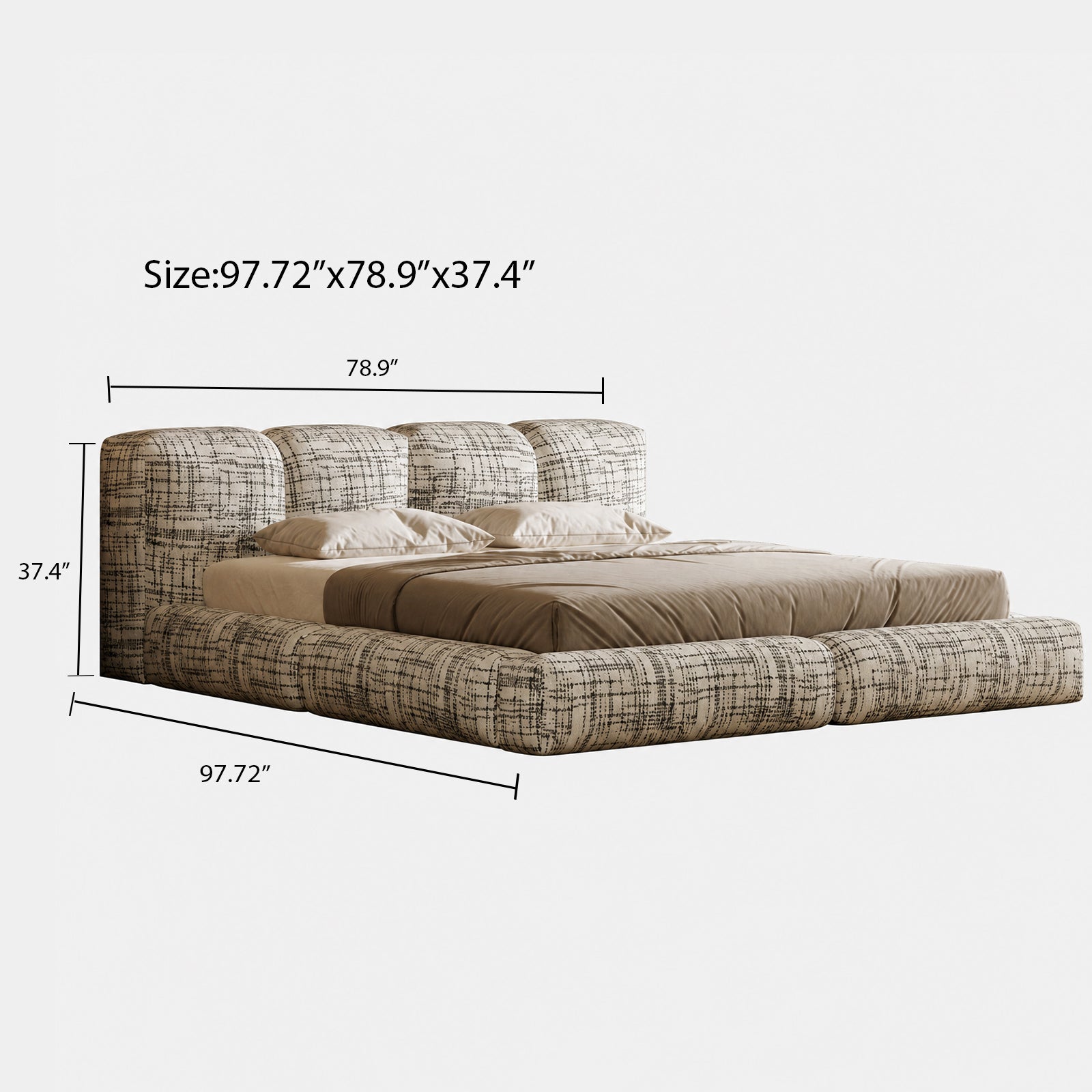 Queen Size Upholstered Grounded Bed with Linen Thick Headboard and Footboard, Block Style, No Spring Box Needed