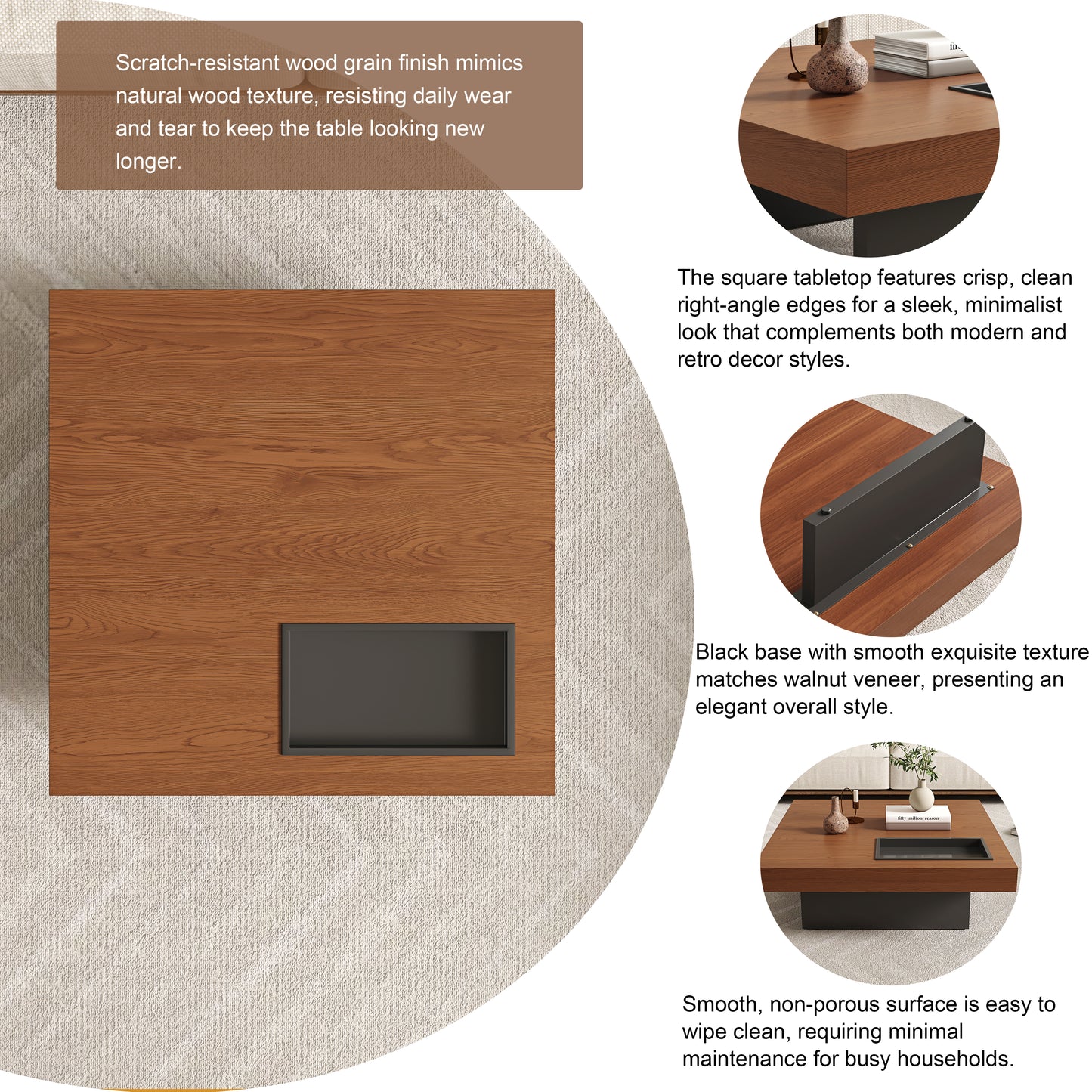 Square Low Coffee Table｜35.43" Hidden Tray, Scratchproof Wood Grain