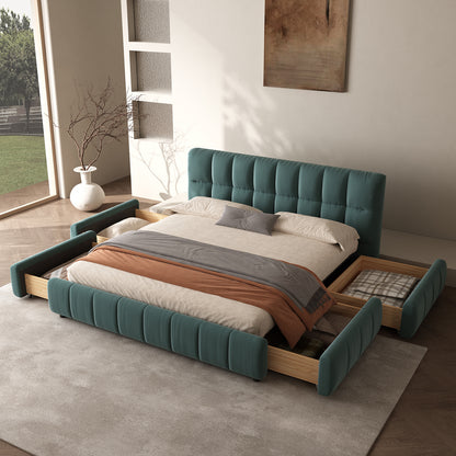 Queen Size Modern Cloud-Feel Bed Frame,With four drawers,Multi Color Beige/Green/Grey/Pink
