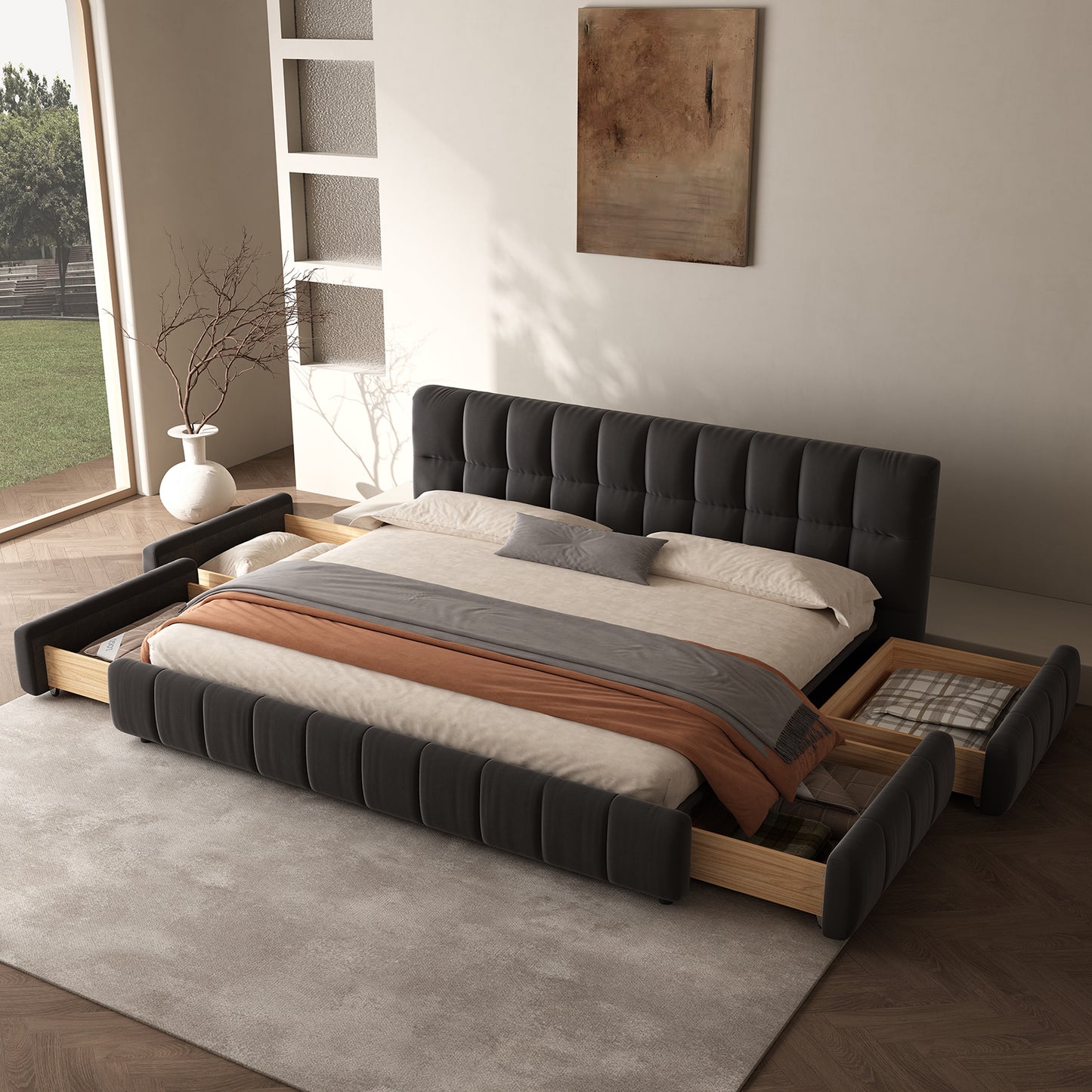 Queen Size Modern Cloud-Feel Bed Frame,With four drawers,Multi Color Beige/Green/Grey/Pink