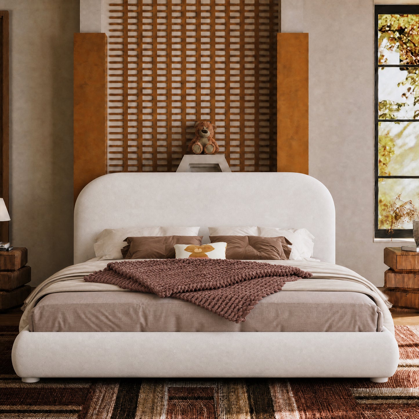 Queen French Minimalist Curved Boucle Bed Frame