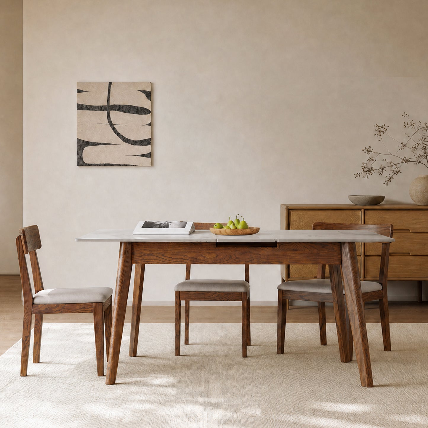 Walnut solid oak and white slate round corner diagonal leg telescopic table 59.6inch