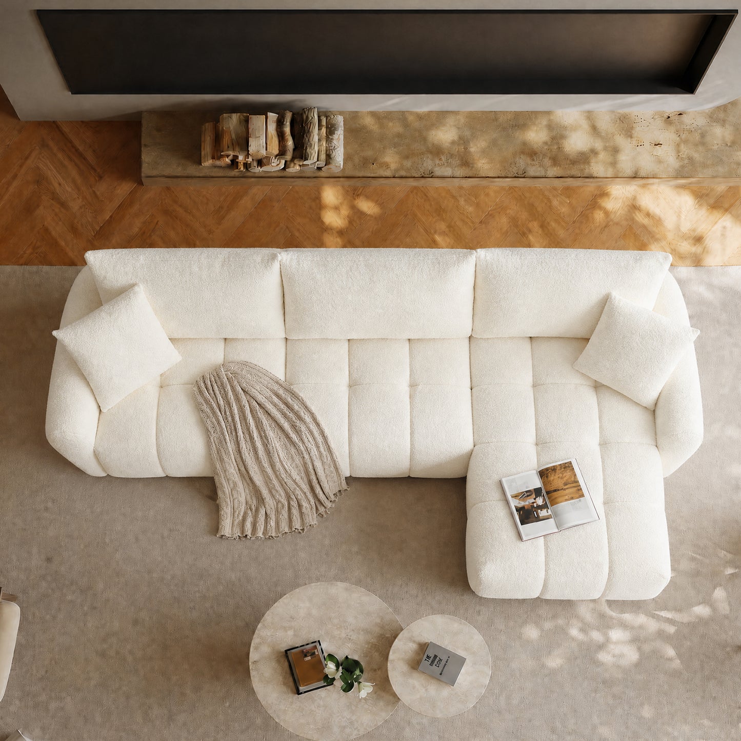 110" White Modular L-Sofa – Boucle Fabric, Lounge Sleeper, Heavy Duty 2000lbs