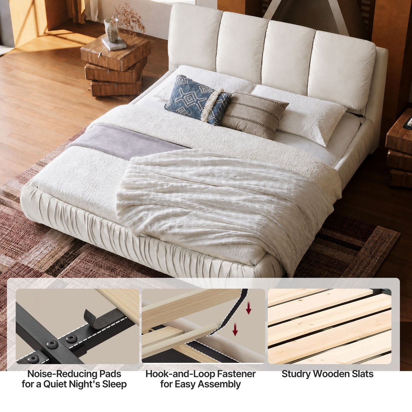 Low Profile Cloud Chenille Bed Non-Slip Slats Wabi-Sabi Apartment Skin-Safe Assembly